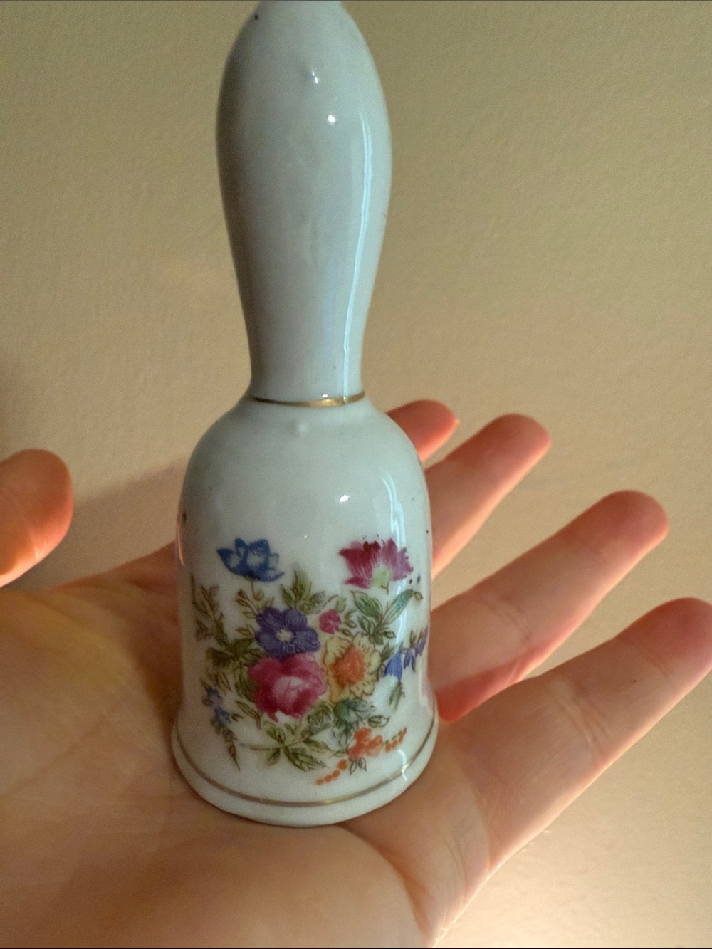 Vintage Porcelain Floral Hand Bell in White with Multicolor Bouquet mde in Japan